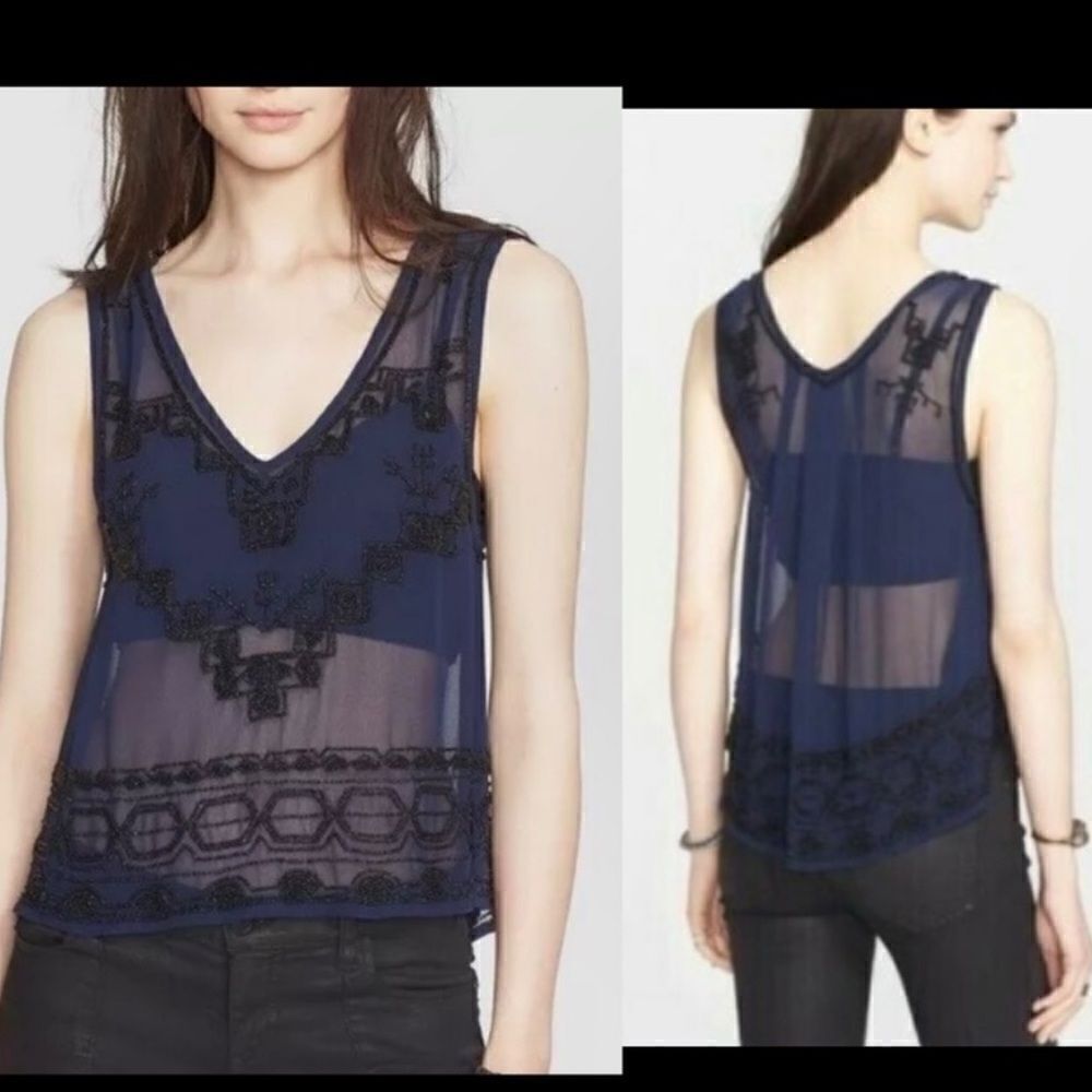 Free People Navy Blue Sheer Beaded Run With It Tank Top